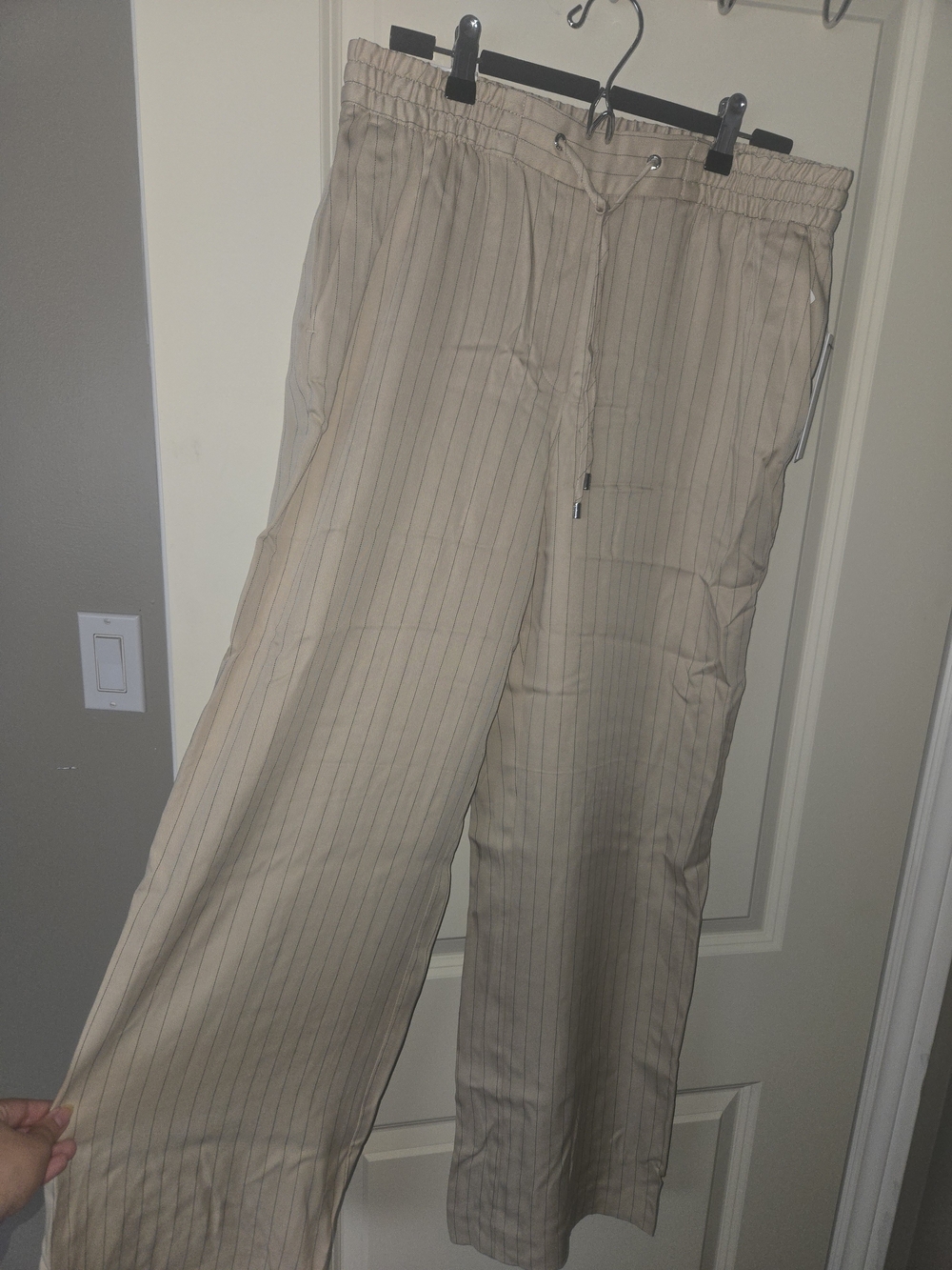 Dkny Beige Pinstripe Drawstring Wide Leg Pants